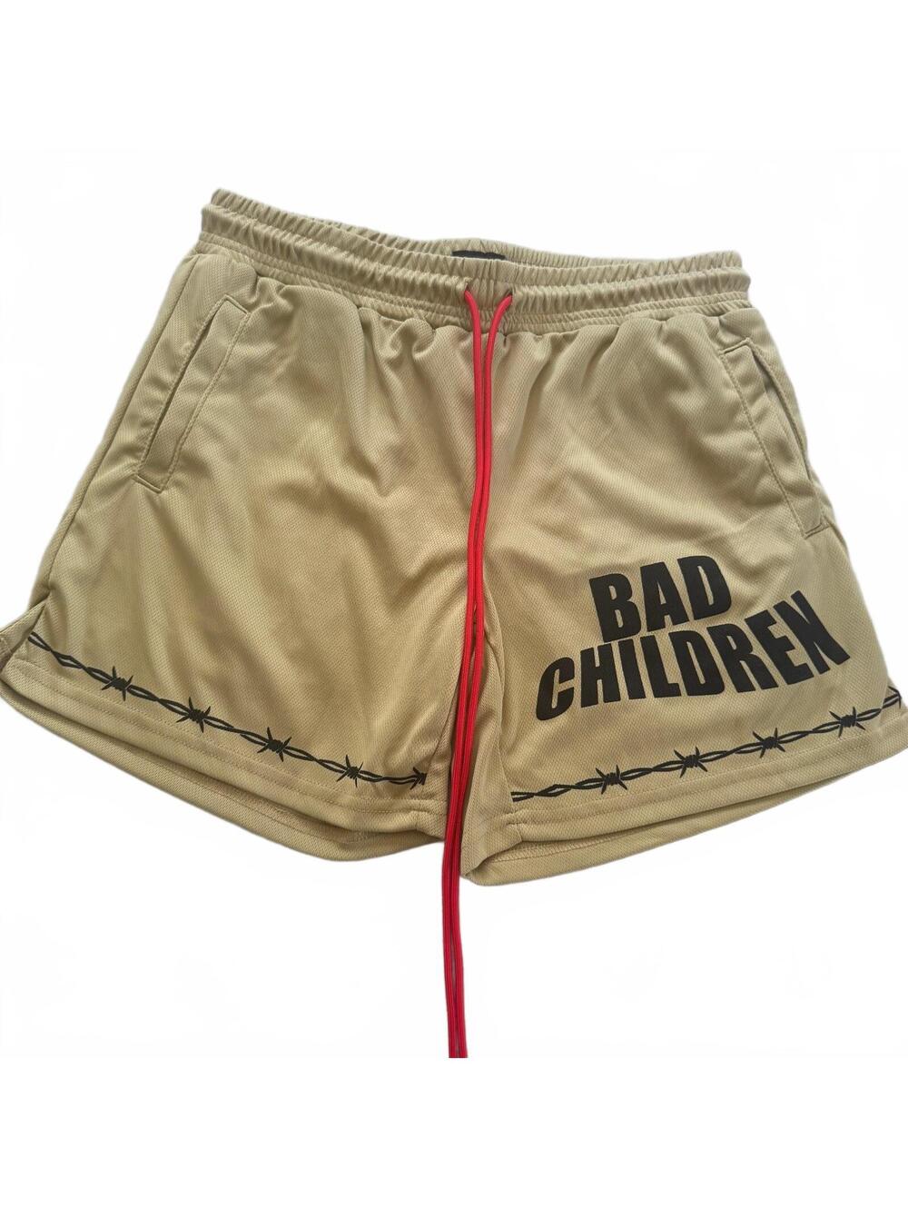 Bad Children Mesh Graphic Shorts Medium M Tan Khaki Barbed Wire Streetwear Gym